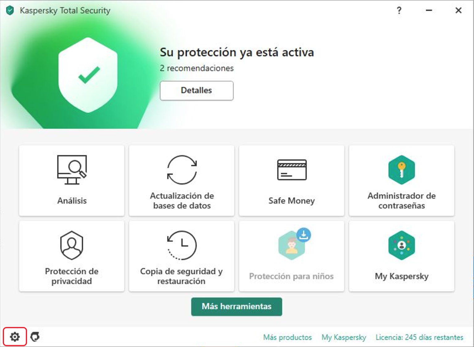 Pantalla de inicio Kaspersky