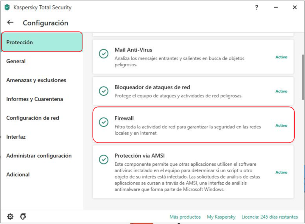 Da clic en protección y después en Firewall