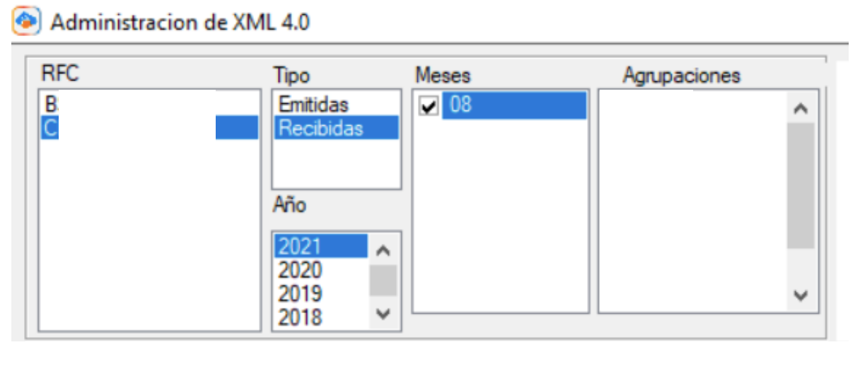 Selecciona RFC, Tipo, año y mes