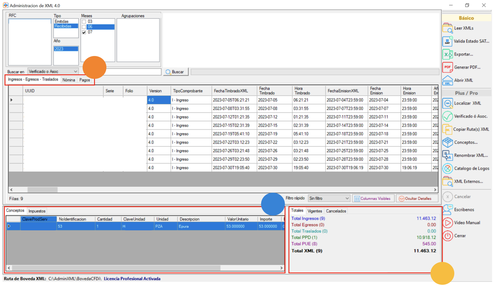 Vista de módulo con comprobantes cargados