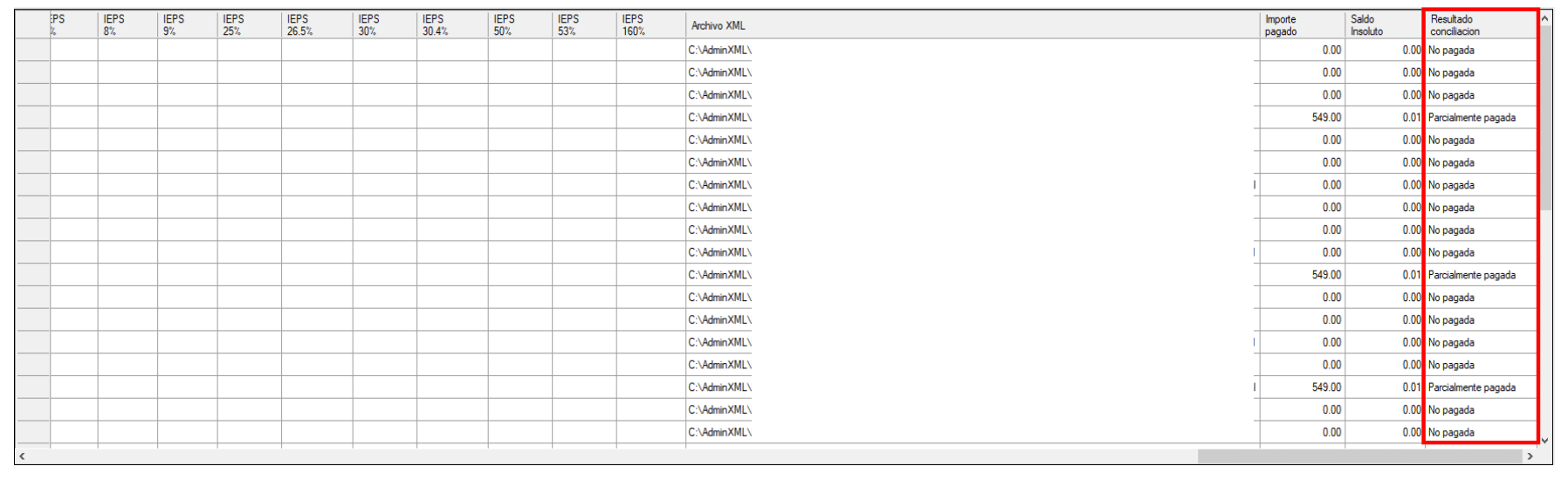 columna de resultado de conciliación