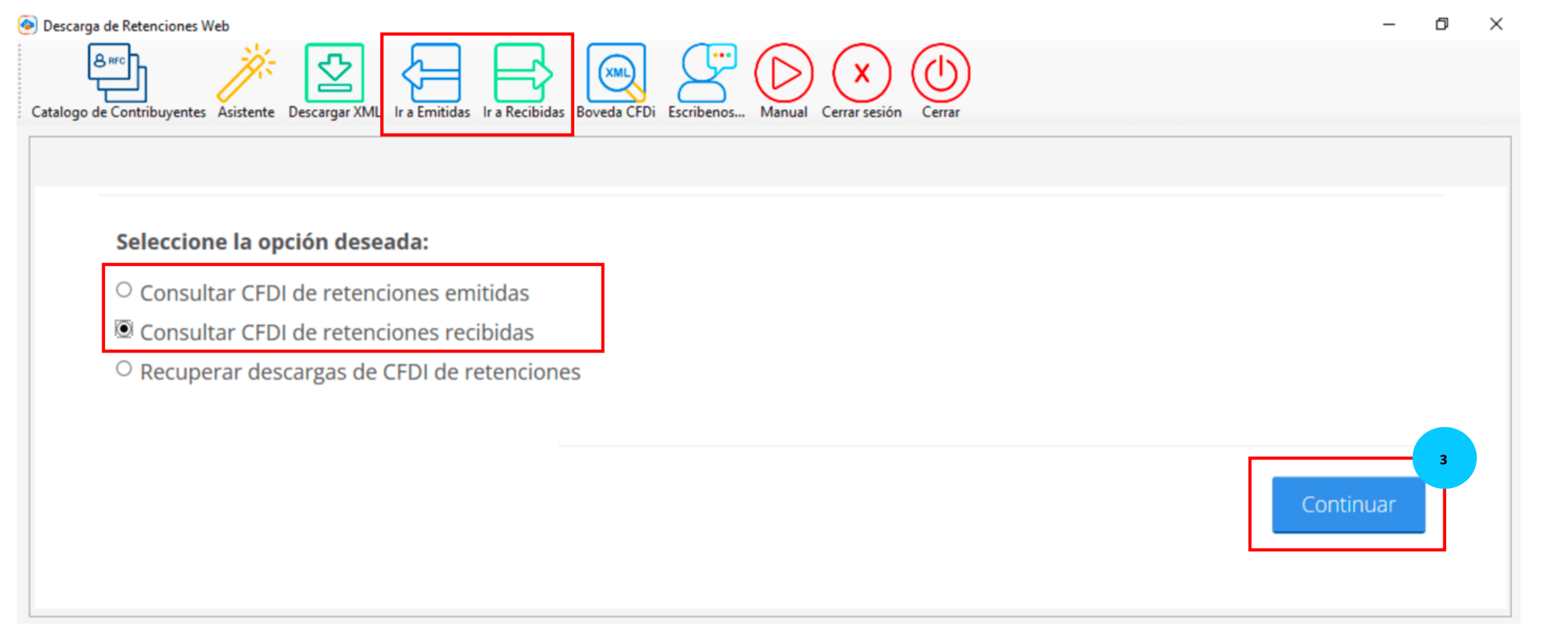 Selecciona descargar facturas Emitidas o recibidas