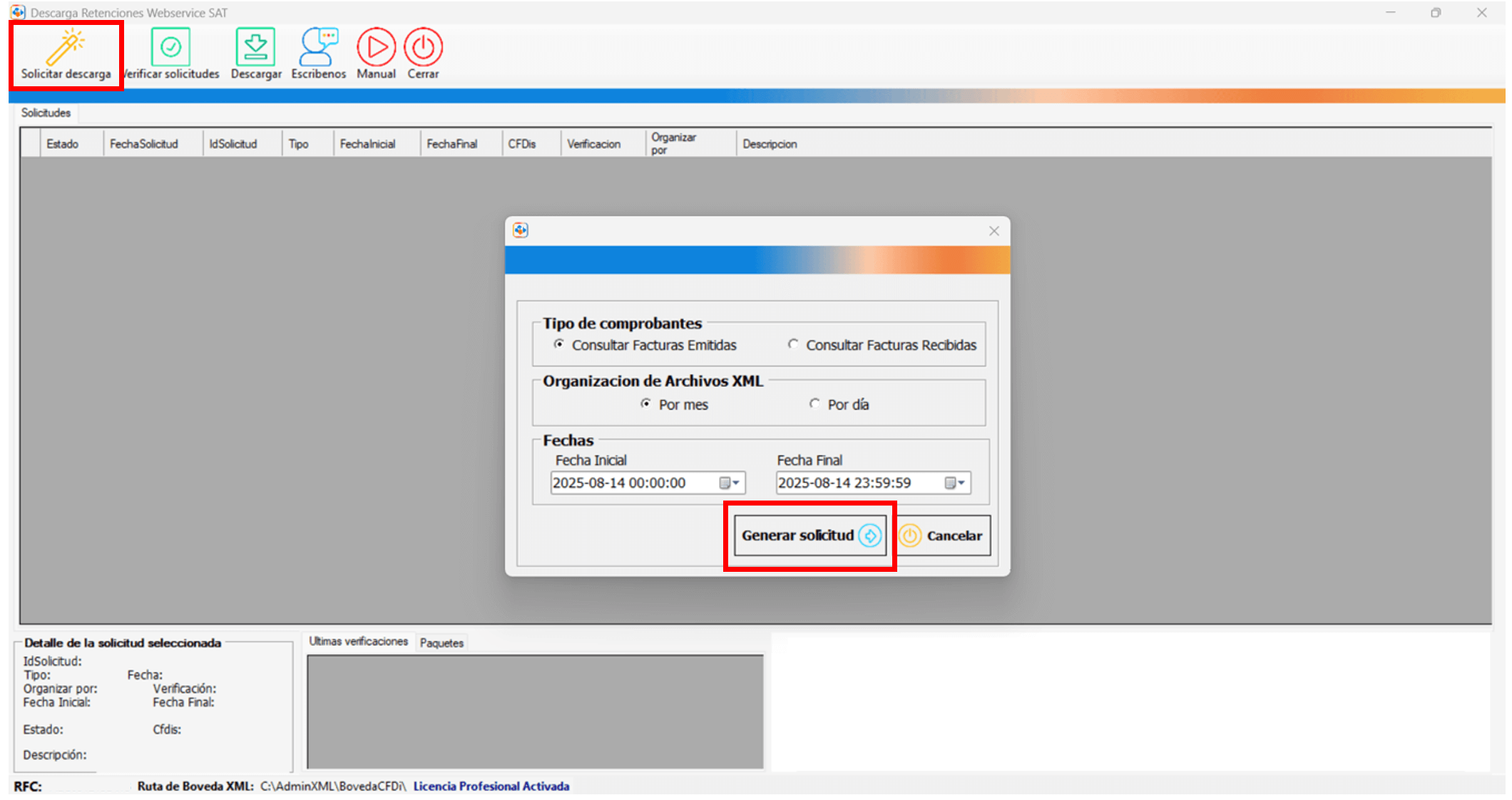 Generar solicitud de descarga