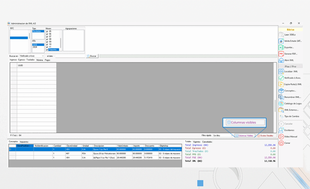 Nueva barra de búsqueda en la herramienta Columnas Visibles de MiAdminXML 5.0.1.7, disponible en Administración de XML 4.0, Nómina y Control y Conciliación de Pagos.