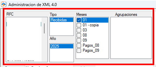 Elige rfc, tipo, año y mes de comprobantes a trabajar