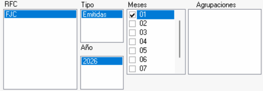 Selección de RFC, tipo de comprobante, año y mes
